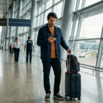 Viajante conferindo no celular uma passagem com milhas com conexão em um aeroporto