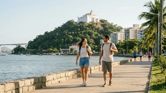 Viajantes na orla de Vila Velha durante uma viagem ao Espírito Santo, com o Convento da Penha ao fundo