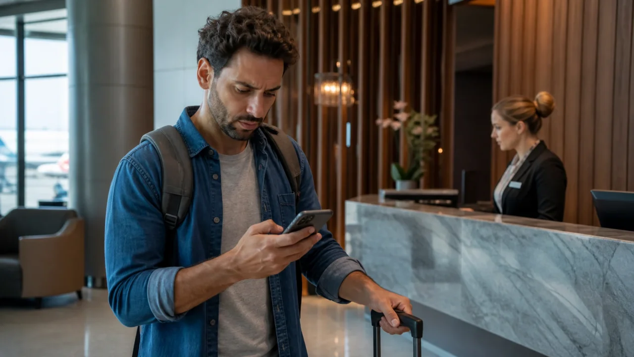Acesso à sala VIP negado: o que conferir antes de embarcar - Passageiro com acesso à sala VIP negado conferindo o celular no aeroporto
