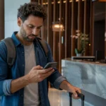 Acesso à sala VIP negado: o que conferir antes de embarcar - Passageiro com acesso à sala VIP negado conferindo o celular no aeroporto