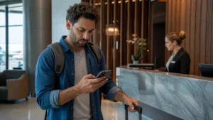 Acesso à sala VIP negado: o que conferir antes de embarcar - Passageiro com acesso à sala VIP negado conferindo o celular no aeroporto