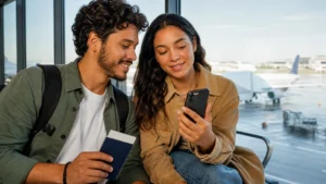 Bilhete cortesia Smiles Diamante: como funciona e o que conferir - Passageiros consultando opções de voo para usar o bilhete cortesia Smiles Diamante