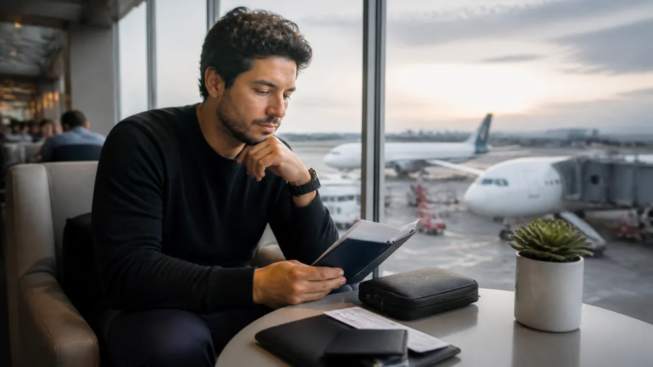 Clube TAP Miles&Go vale a pena? Como avaliar antes de assinar - Passageiro analisando o Clube TAP Miles&Go antes de planejar uma viagem internacional