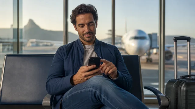 Como acumular milhas LATAM Pass voando e evitar créditos perdidos - Passageira conferindo o acúmulo de milhas LATAM Pass antes de embarcar