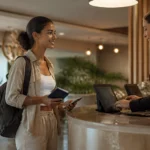 Como acumular pontos com reservas de hotel sem perder créditos - Hóspede fazendo check-in para acumular pontos com reservas de hotel