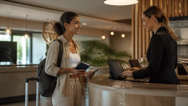 Como acumular pontos com reservas de hotel sem perder créditos - Hóspede fazendo check-in para acumular pontos com reservas de hotel
