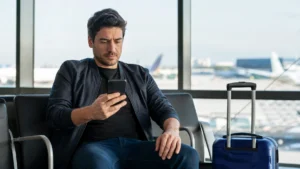 Como cancelar passagem emitida com milhas sem perder pontos e taxas - Viajante consultando o cancelamento de passagem emitida com milhas no celular