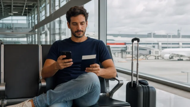 Como emitir passagem internacional com milhas sem errar nas etapas - Viajante planejando como emitir passagem internacional com milhas em um aeroporto