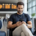 Como remarcar passagem emitida com milhas sem perder o controle dos custos - Passageiro consultando opções para remarcar passagem emitida com milhas no aeroporto