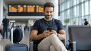 Como remarcar passagem emitida com milhas sem perder o controle dos custos - Passageiro consultando opções para remarcar passagem emitida com milhas no aeroporto