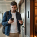 Como saber se meu cartão dá acesso à sala VIP antes da viagem - Viajante consultando no celular se o cartão dá acesso à sala VIP no aeroporto