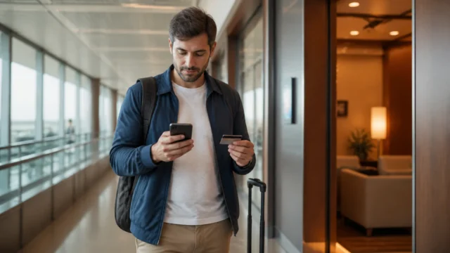 Como saber se meu cartão dá acesso à sala VIP antes da viagem - Viajante consultando no celular se o cartão dá acesso à sala VIP no aeroporto