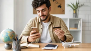 Como transferir pontos para milhas e evitar erros antes do resgate - Pessoa planejando transferir pontos para milhas com cartão e passagens aéreas
