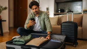 Comprar bagagem antecipada vale a pena? Compare custos e regras - Viajante comparando opções de bagagem antecipada antes de um voo