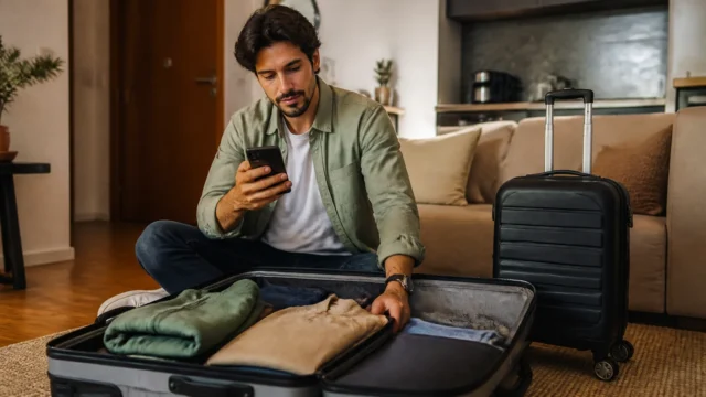 Comprar bagagem antecipada vale a pena? Compare custos e regras - Viajante comparando opções de bagagem antecipada antes de um voo