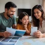 Conta família de milhas: como funciona e quando vale a pena reunir saldos - Família planejando uma viagem com conta família de milhas