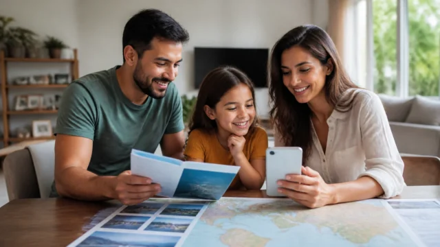 Conta família de milhas: como funciona e quando vale a pena reunir saldos - Família planejando uma viagem com conta família de milhas