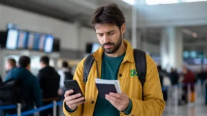 Nome errado na passagem com milhas: como corrigir antes do embarque - Viajante conferindo nome errado na passagem com milhas e documento de identidade