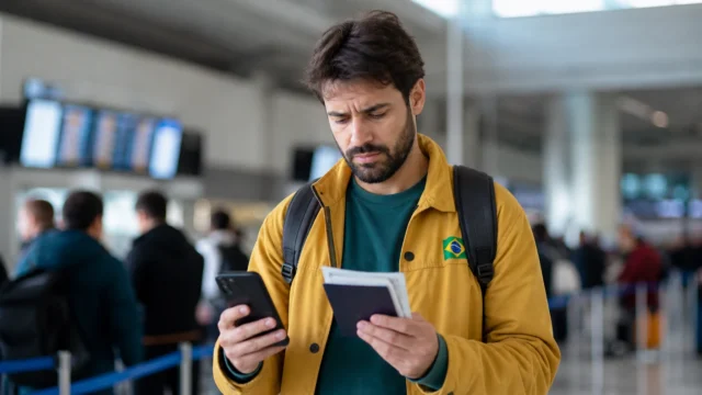 Nome errado na passagem com milhas: como corrigir antes do embarque - Viajante conferindo nome errado na passagem com milhas e documento de identidade