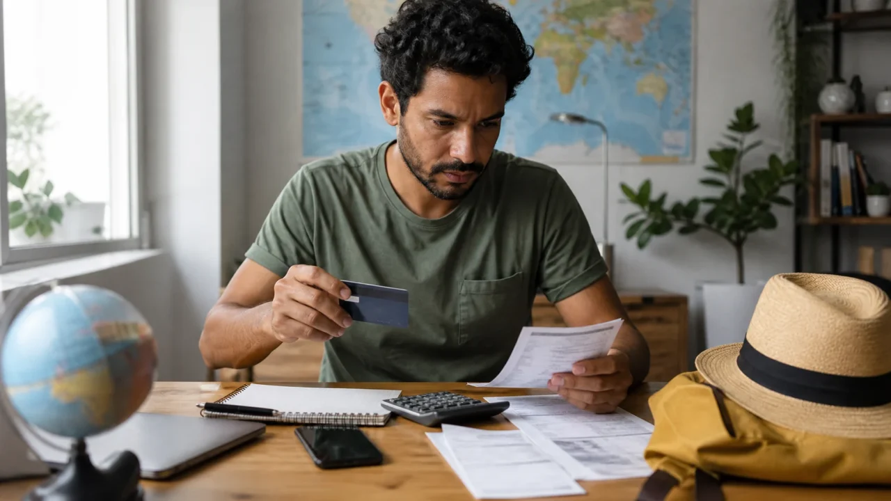 Pagar contas com cartão para acumular milhas vale a pena? - Pessoa analisando contas e cartão para acumular milhas