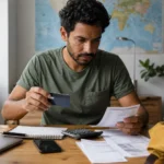Pagar contas com cartão para acumular milhas vale a pena? - Pessoa analisando contas e cartão para acumular milhas