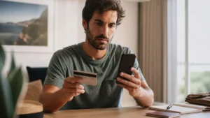 Pagar fatura com pontos vale a pena? Compare o resgate antes - Pessoa analisando pagar fatura com pontos em aplicativo de cartão