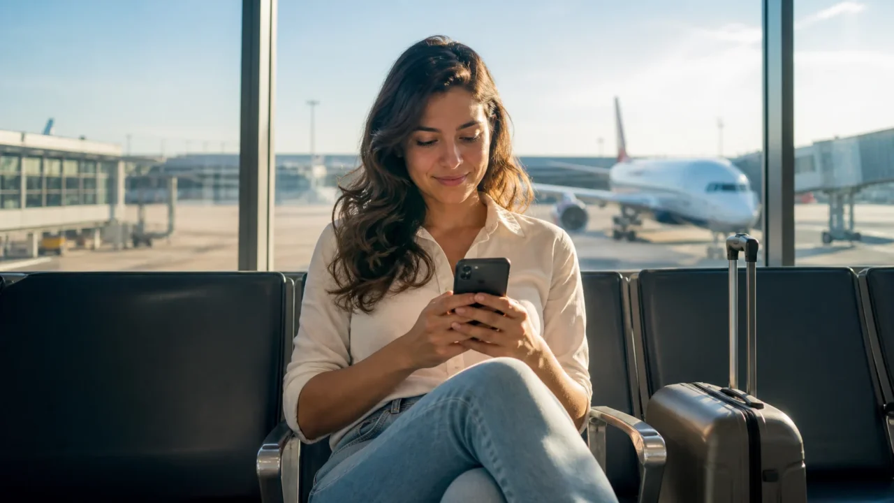 Passagem emitida com milhas acumula milhas? Entenda a regra - Passageiro consultando a passagem emitida com milhas no celular antes do embarque