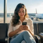Passagem emitida com milhas acumula milhas? Entenda a regra - Passageiro consultando a passagem emitida com milhas no celular antes do embarque