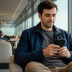 Pontos qualificáveis e resgatáveis: entenda o que muda no seu status - Viajante consultando pontos qualificáveis e resgatáveis em aplicativo de fidelidade