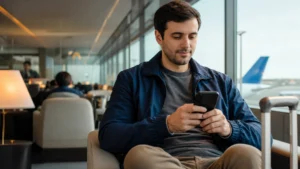 Pontos qualificáveis e resgatáveis: entenda o que muda no seu status - Viajante consultando pontos qualificáveis e resgatáveis em aplicativo de fidelidade