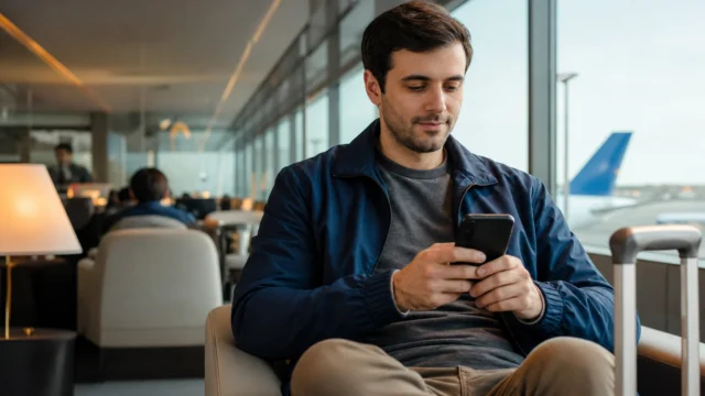 Pontos qualificáveis e resgatáveis: entenda o que muda no seu status - Viajante consultando pontos qualificáveis e resgatáveis em aplicativo de fidelidade