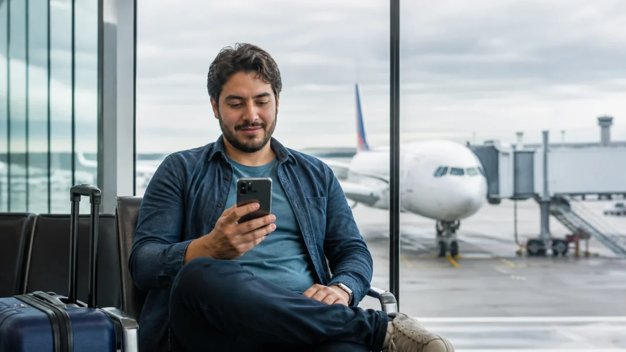 Pontos qualificáveis LATAM Pass: como acumular e subir de categoria - Passageira consultando pontos qualificáveis LATAM Pass antes de um voo