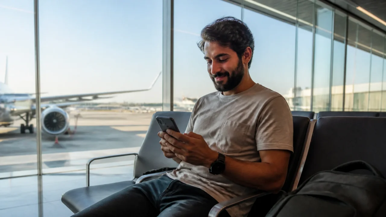 Reserva de bilhetes GOL Smiles: como funciona e o que conferir - Passageira consultando reserva de bilhetes GOL Smiles no celular em aeroporto