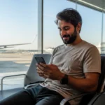 Reserva de bilhetes GOL Smiles: como funciona e o que conferir - Passageira consultando reserva de bilhetes GOL Smiles no celular em aeroporto
