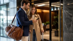Sala VIP com acompanhante: entenda regras, custos e limites - Passageiros verificando acesso à sala VIP com acompanhante no aeroporto