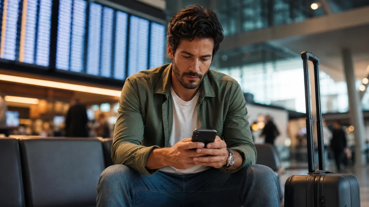 Tabela fixa LATAM Pass: como encontrar resgates em parceiros - Passageiro consultando a tabela fixa LATAM Pass para emitir voo com parceiro