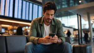 Tabela fixa LATAM Pass: como encontrar resgates em parceiros - Passageiro consultando a tabela fixa LATAM Pass para emitir voo com parceiro