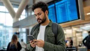Tarifa especial Smiles: como usar o benefício antes de emitir na GOL - Passageira consultando opções de tarifa especial Smiles em um aeroporto