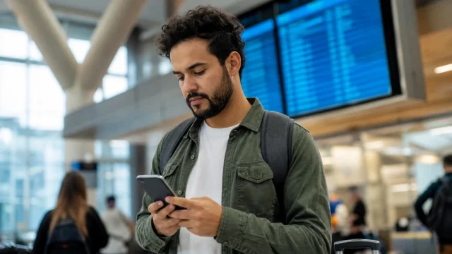 Tarifa especial Smiles: como usar o benefício antes de emitir na GOL - Passageira consultando opções de tarifa especial Smiles em um aeroporto