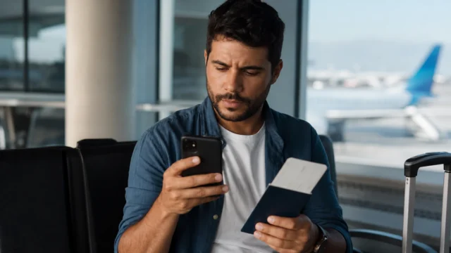 Taxas em passagem com milhas TAP: como calcular antes de emitir - Viajante analisando taxas em passagem com milhas TAP antes de emitir um voo