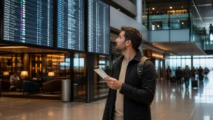Upgrade com milhas TAP: quando a mudança para executiva compensa - Passageiro avaliando upgrade com milhas TAP antes de um voo internacional