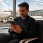 Upgrade de cabine com milhas: quando vale trocar de classe - Passageira avaliando upgrade de cabine com milhas no aeroporto
