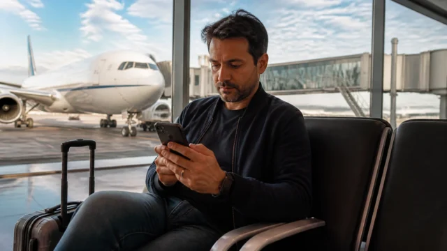 Upgrade de cabine com milhas: quando vale trocar de classe - Passageira avaliando upgrade de cabine com milhas no aeroporto