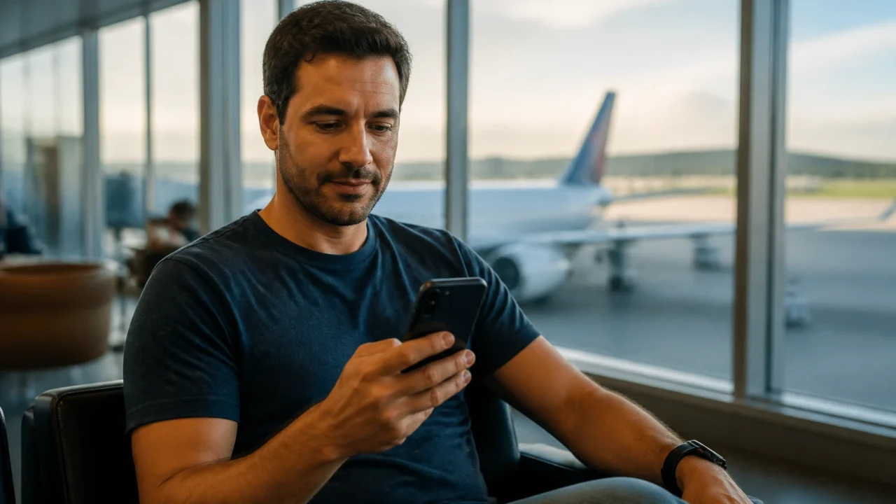 Upgrade LATAM Pass e trechos cortesia: como usar o benefício do cartão - Passageira consultando benefícios de upgrade LATAM Pass antes de embarcar
