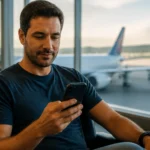 Upgrade LATAM Pass e trechos cortesia: como usar o benefício do cartão - Passageira consultando benefícios de upgrade LATAM Pass antes de embarcar