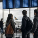 Voo com milhas cancelado pela companhia: quais são seus direitos - Passageiros consultando painel após voo com milhas cancelado pela companhia aérea