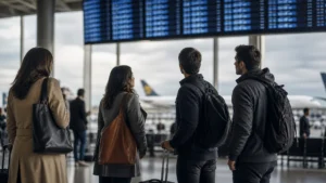 Voo com milhas cancelado pela companhia: quais são seus direitos - Passageiros consultando painel após voo com milhas cancelado pela companhia aérea