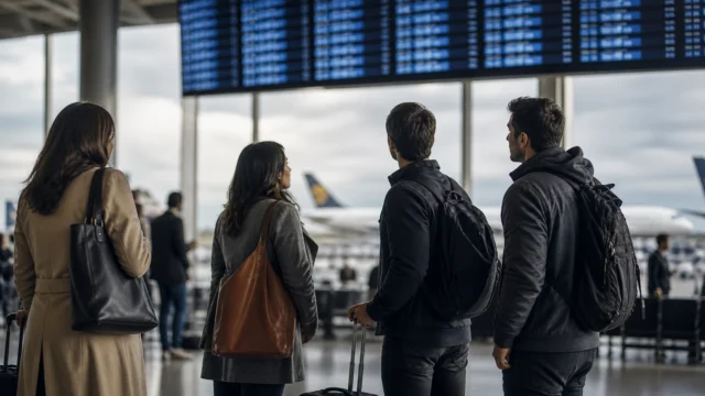 Voo com milhas cancelado pela companhia: quais são seus direitos - Passageiros consultando painel após voo com milhas cancelado pela companhia aérea